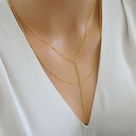 Doppelte Lariat Halskette Gold Fill Kette In 14k Gold Etsyde Gold