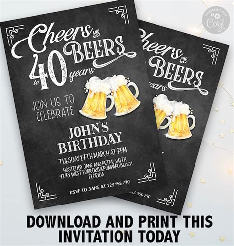 Th Cheers And Beers Birthday Invitation Chalkboard Editable Forty For