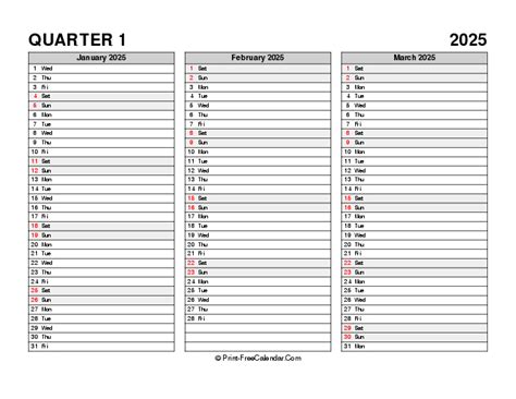 Quarterly Calendar Q1 2025 Pdf Word Excel Sunday Start