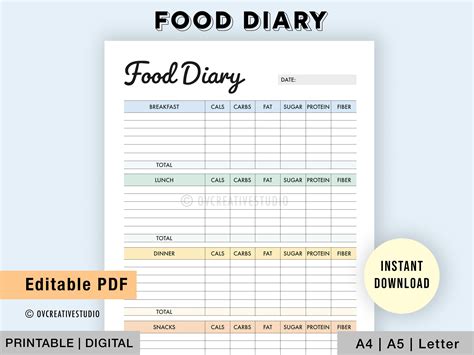 Editable Food Diary Printable Food Journal Diet Log Etsy Canada