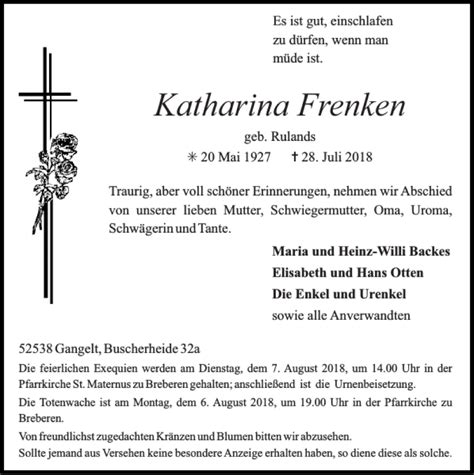 Traueranzeigen Von Katharina Frenken Aachen Gedenkt