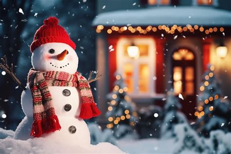 Premium Photo Cute Snowman Wearing Red Hat And Scarf In Front Of