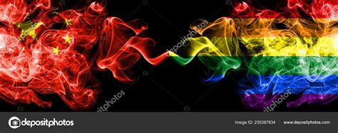 China Vs Gay Pride Smoke Flags Placed Side By Side Thick Colored Silky