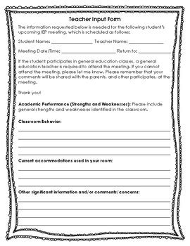 Teacher Input Form For IEP Meetings By Alyssa Holsapple TPT