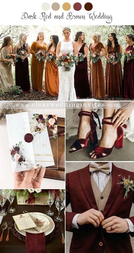 The Wedding Party Is Dressed In Burgundy And Gold