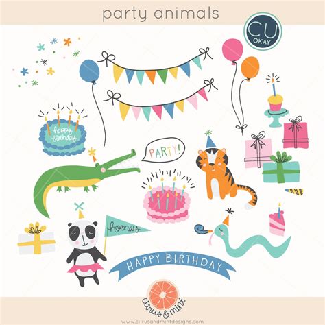 Birthday Party Animals Clip Art and Patterns Hand-drawn Digital ...