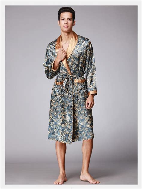 Men Kimono Robes V Neck Faux Silk Bathrobes Nightgown For Male Senior