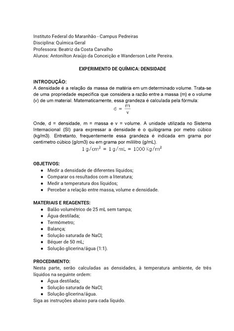 Roteiro De Experimento De Química Sobre Densidade Para Ensino Médio