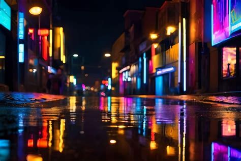 Premium Photo Neon Lights Reflected In Puddles Of Water A Street