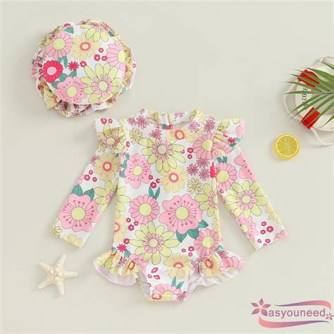 Aay Baby Girls Swimsuit Flower Print Long Sleeve Bikini With Hat