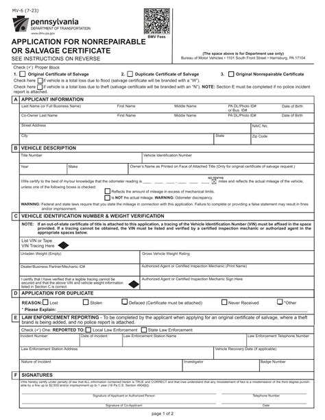 Pa Dmv Form Mv Application For Nonrepairable Or Salvage Certificate