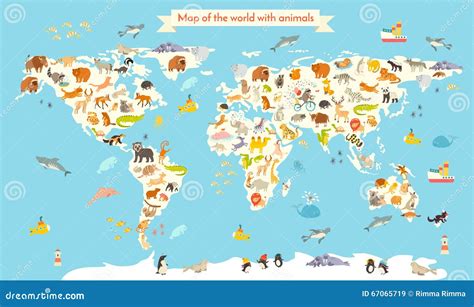 Animals World Map. Colorful Cartoon Vector Illustration For Children ...