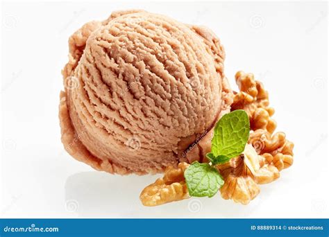 Single Scoop Of Ice Cream With Walnut Pieces Stock Photo Image Of