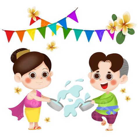 Thai Songkran Festival Cartoon Style Cute Children Splashing Water