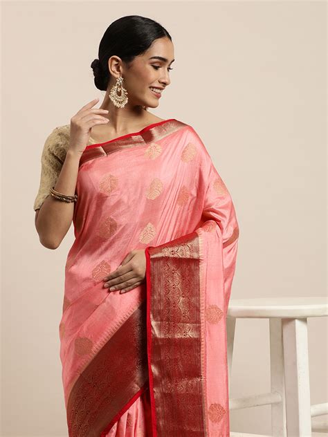 Buy Saree Swarg Pink Ethnic Motifs Silk Blend Banarasi Sarees Sarees