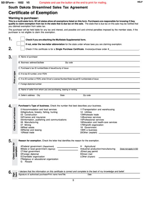 Fillable Sd Eform 1932 V5 South Dakota Streamlined Sales Tax