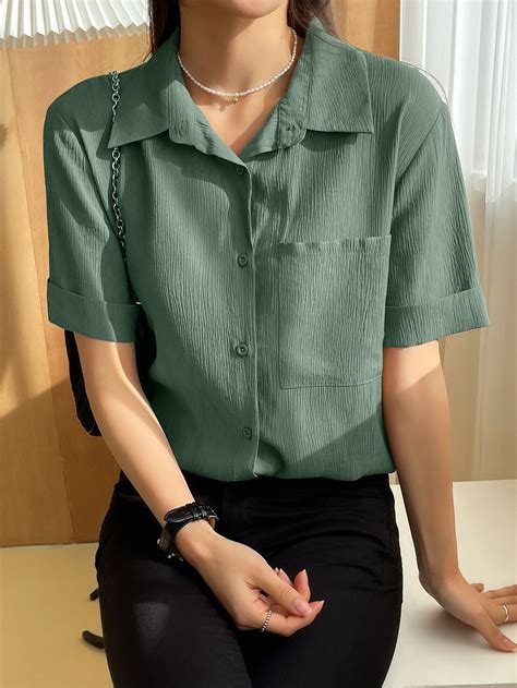 DAZY Patched Pocket Roll Up Sleeve Blouse