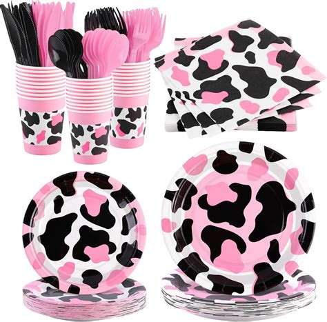 Durony 210 Pieces Pink Cow Print Tableware Set Pink Cow