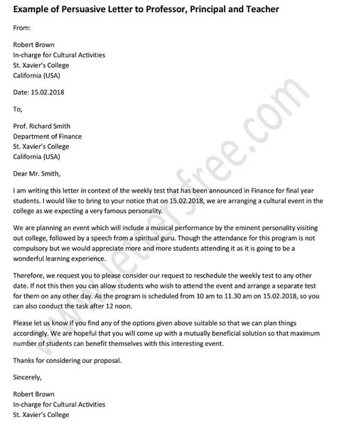 Example Of Persuasive Letter To Professor Principal And Teacher Free