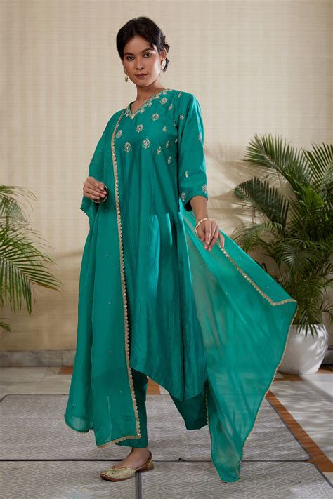 Buy Green Kurta Silk Chanderi Embroidery Thread V Aboli Placement Set