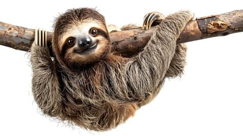 Cute Two Toed Sloth Hanging On Tree Branch Isolated On White Background