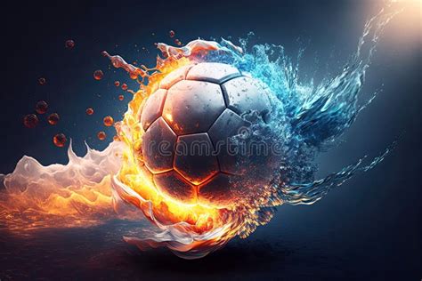 Fast Flying Burning Soccer Ball In Fire And Ice With Water On A Dark