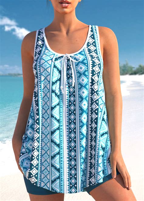 Geometric Print Sky Blue Bowknot Tankini Set Modlily USD 37 98