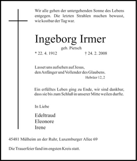 Traueranzeigen Von Ingeborg Irmer Trauer In Nrw De