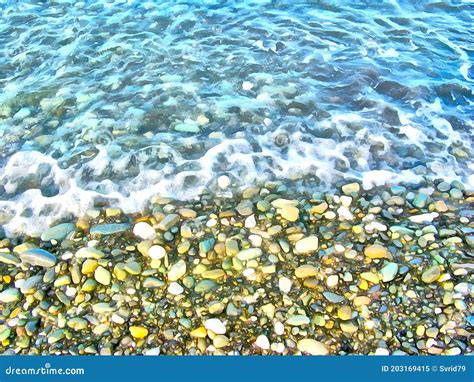 Watercolor Sea Landscape Background Of Pebbles Wet Multicolored