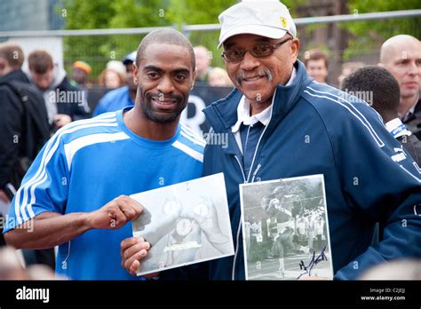 Tyson Gay Poses With Tommie Smith After His Victory In The Great City Games Manchester M Race