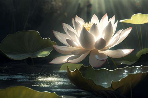 Beautiful Lotus Flower Or Water Lily And Leaves In A Pond With Sunlight