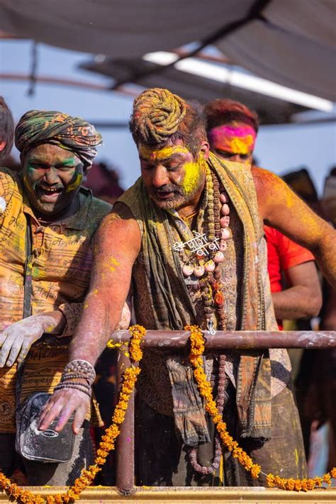 People Enjoying Colour Masan Holi Festival At Manikarnika Ghat In