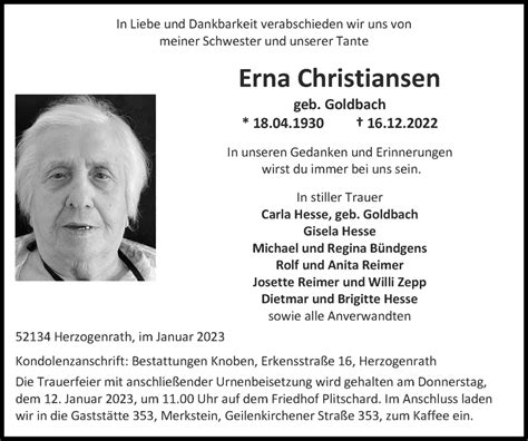 Traueranzeigen Von Erna Christiansen Aachen Gedenkt