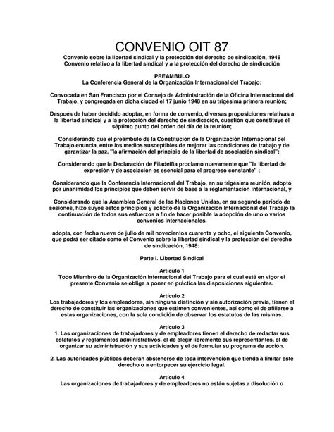 Convenio Oit87 Convenio Oit 87 Convenio Sobre La Libertad Sindical Y