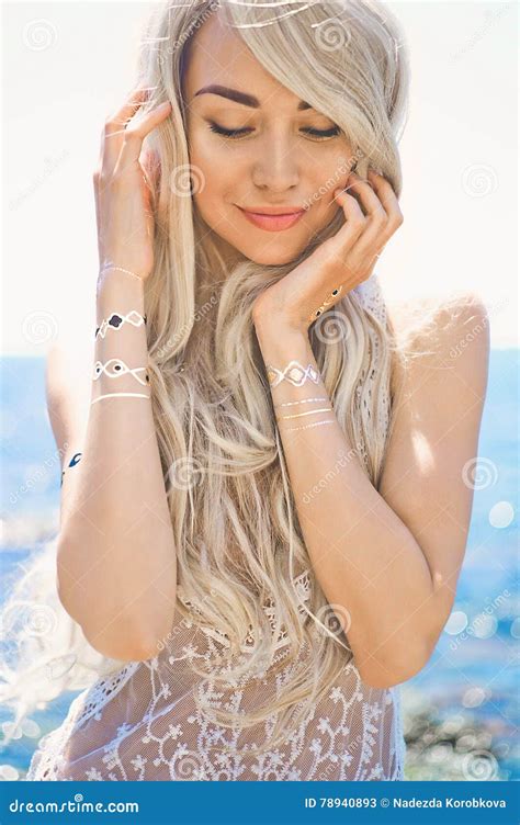 Beautiful Blonde Lady At Beach With Flash Tattoo Stock Image Image Of Fashion Desire