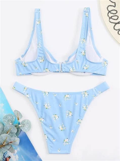 Emmiol Free Shipping 2024 Underwire Floral Print Bikini Set Blue M In