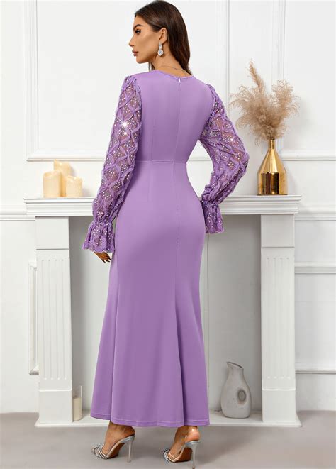 Sequin Purple Maxi Long Sleeve V Neck Bodycon Dress Rosewe Usd