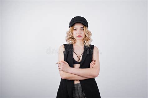 Studio Portrait Of Blonde Girl In Black Wear And Cap Stock Image Image Of Adorable Makeup