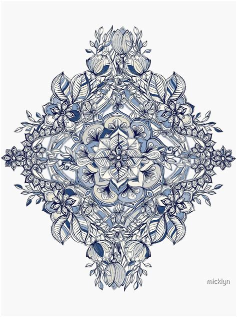 Floral Diamond Doodle In Dark Blue And Cream Sticker For Sale By