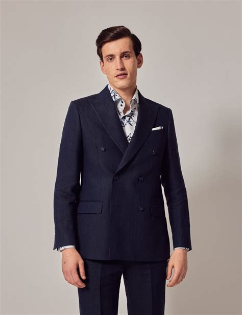 Men S Navy Herringbone Piece Linen Tailored Italian Suit