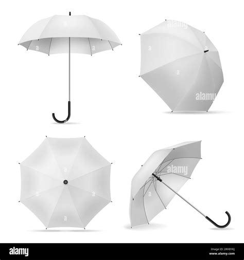 Umbrella Realistic White Open Parasols Various Positions Top And