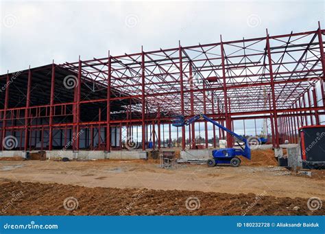 New Construction of a Warehouse Logistics Warehouse. Installation of Metal Structures Stock ...