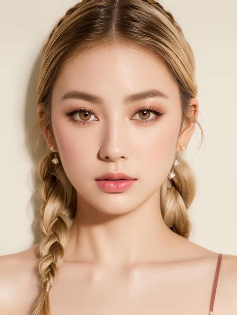 Portrait Of Beautiful Japanese Women With Light Sand Blonde Loose Side