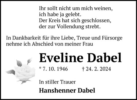 Traueranzeigen Von Eveline Dabel Trauer Nordkurier