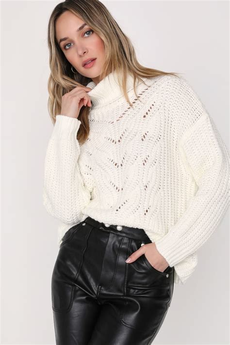 Pointelle Knit Sweater Ivory Sweater Turtleneck Sweater Lulus