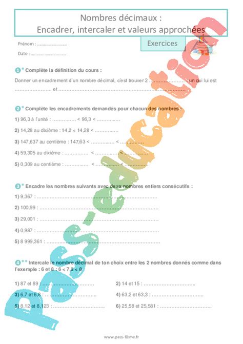 Nombres décimaux Fiches Encadrer intercaler et valeurs approchées