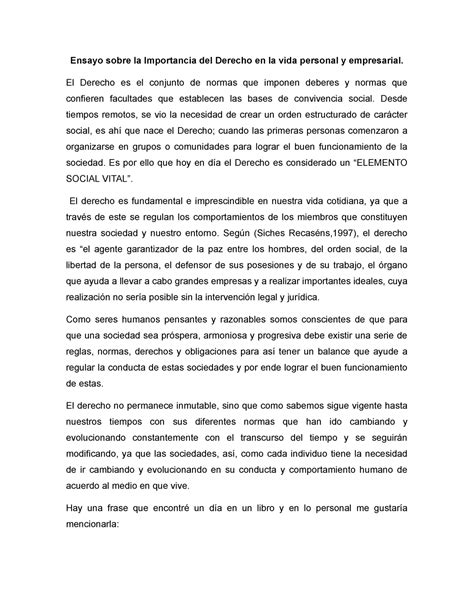 Ensayo Sobre La Importancia Del Derecho En La Vida Personal Y The