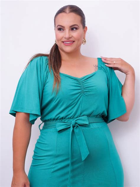 Vestido Viscolycra Com Cinto Verde Pandol Plus Size