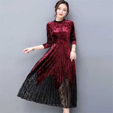 2018 Fashion Women Autumn winter Dress elegant Lace Stitching Velvet ...