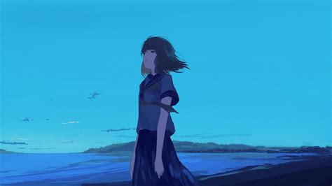 720x1208 Resolution Anime Character Standing Near Beach Illustration